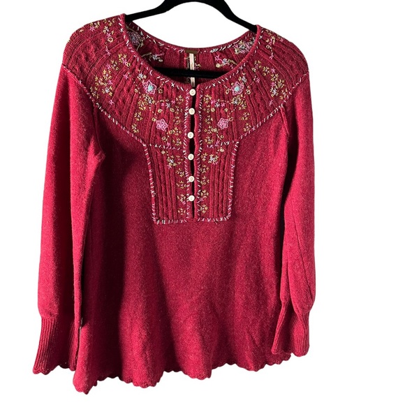 Free people burgundy floral embroidered wool pullover babydoll sweater size XS - Picture 1 of 5